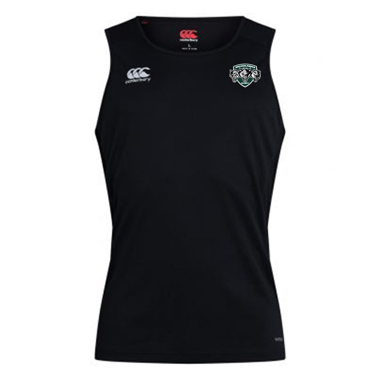 The Woodlands Youth Wolfpack Club Dry Singlet by EMB Canterbury features Vapodri Technology, the signature Canterbury logo, and a Wolfpack team crest on the chest—ideal athletic wear for high-performance comfort.