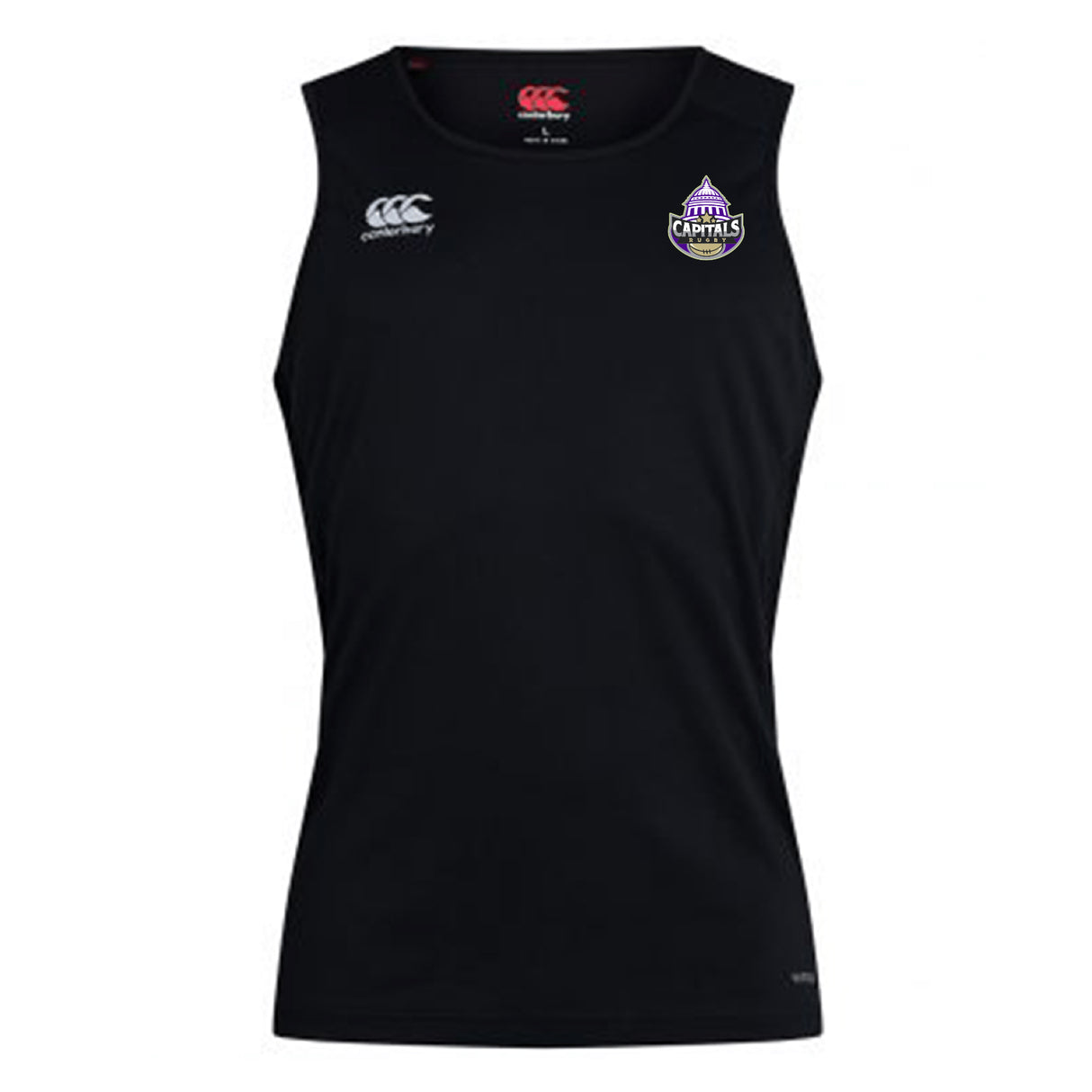 The Capitals Rugby NC Club Dry Singlet by EMB Canterbury features a black, sleeveless design with Vapodri Technology, a white Canterbury logo on the right chest, and a purple Capitals logo—ideal for peak athletic performance.