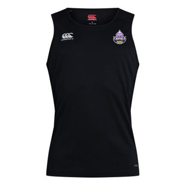 The Capitals Rugby NC Club Dry Singlet by EMB Canterbury features a black, sleeveless design with Vapodri Technology, a white Canterbury logo on the right chest, and a purple Capitals logo—ideal for peak athletic performance.