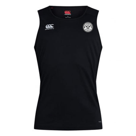 The White River Rugby Football Club Club Dry Singlet by EMB Canterbury is a sleeveless black top with two white chest logos and Vapodri Technology for high-performance athletic use.