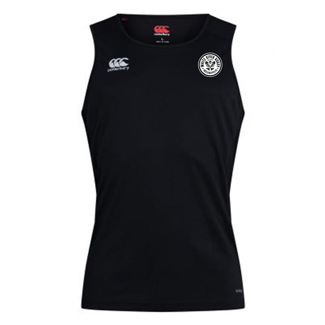 The White River Rugby Football Club Club Dry Singlet by EMB Canterbury is a sleeveless black top with two white chest logos and Vapodri Technology for high-performance athletic use.