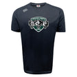 The Woodlands Youth Wolfpack Tempo Vapodri T-Shirt by WRS Canterbury is a black sports tee with three wolf heads and logos, made from moisture-wicking fabric for comfort.