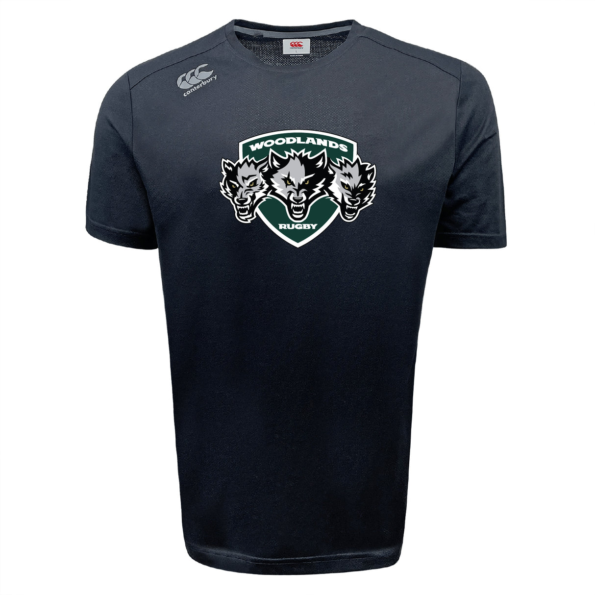 The Woodlands Youth Wolfpack Tempo Vapodri T-Shirt by WRS Canterbury is a black sports tee with three wolf heads and logos, made from moisture-wicking fabric for comfort.