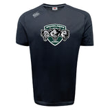 The Woodlands Youth Wolfpack Tempo Vapodri T-Shirt by WRS Canterbury is a black sports tee with three wolf heads and logos, made from moisture-wicking fabric for comfort.