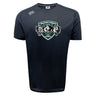 The Woodlands Youth Wolfpack Tempo Vapodri T-Shirt by WRS Canterbury is a black sports tee with three wolf heads and logos, made from moisture-wicking fabric for comfort.