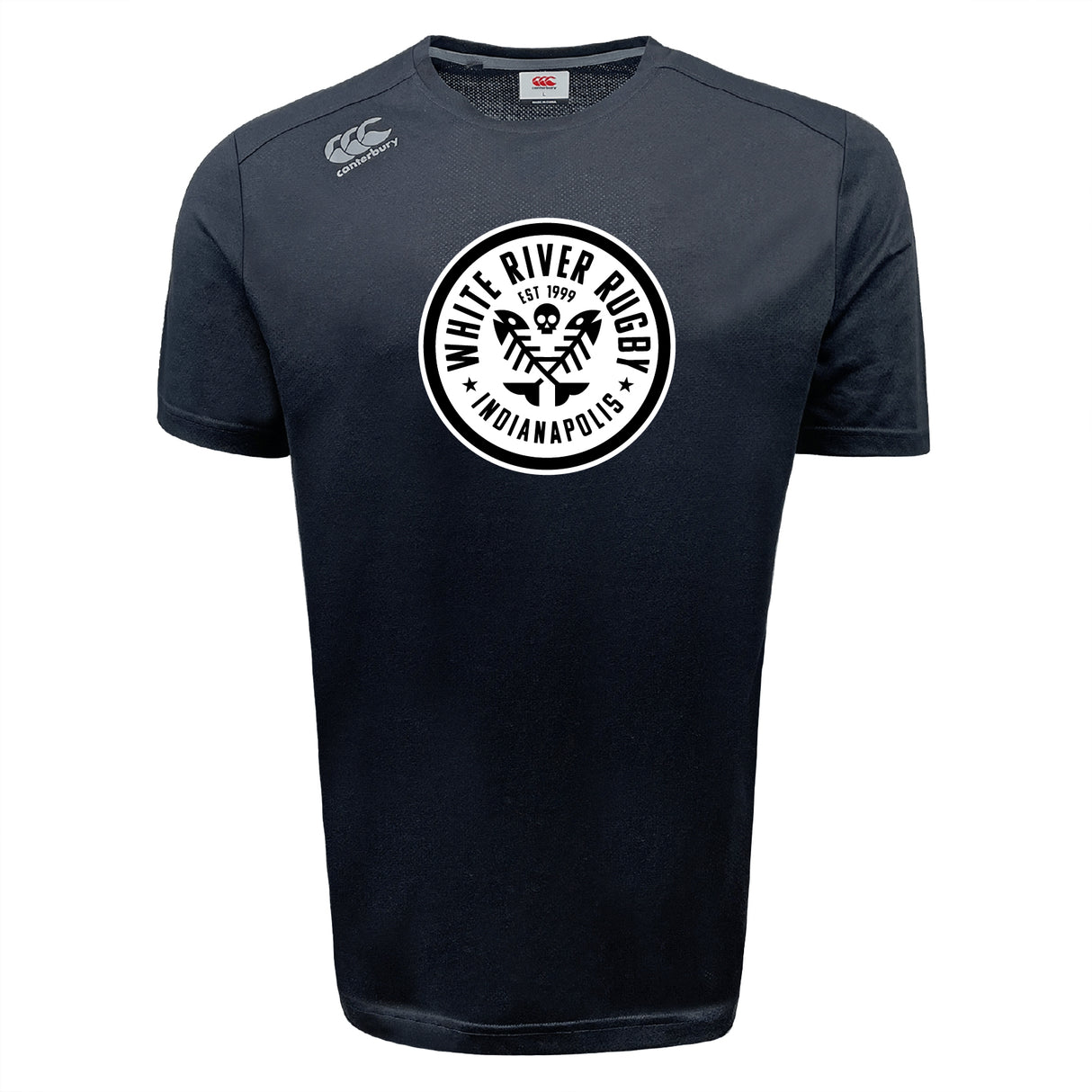 The WRS Canterbury White River Rugby Football Club Tempo Vapodri T-Shirt is a black athletic tee featuring a circular "White River Rugby Indianapolis" logo with crossed rugby paddles and "EST 1999" at the center.