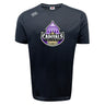 The WRS Canterbury Capitals Rugby NC Tempo Vapodri T-Shirt features a black short-sleeve design with a "Capitals Rugby" logo, purple U.S. Capitol dome, and rugby ball. Moisture-wicking Vapodri fabric keeps you cool and comfortable all day.