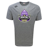 The Capitals Rugby NC Tempo Vapodri T-Shirt by WRS Canterbury is a gray moisture-wicking tee with a bold "Capitals Rugby" logo and U.S. Capitol dome graphic on the chest.