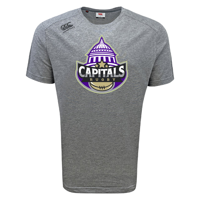 The Capitals Rugby NC Tempo Vapodri T-Shirt by WRS Canterbury is a gray moisture-wicking tee with a bold "Capitals Rugby" logo and U.S. Capitol dome graphic on the chest.