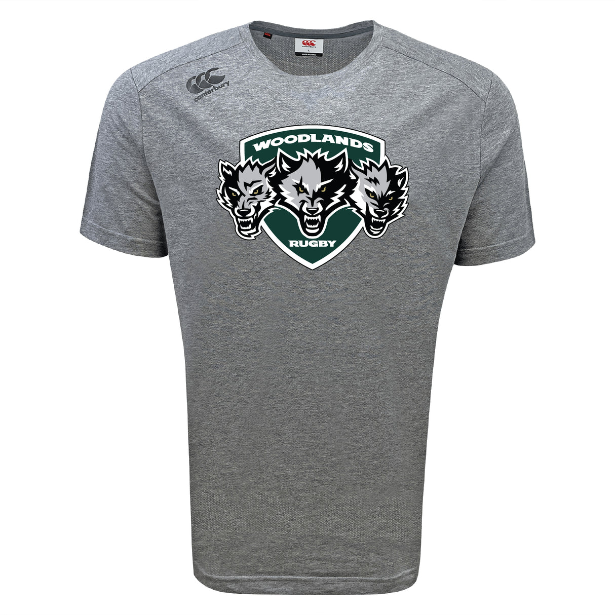 The Woodlands Youth Wolfpack Tempo Vapodri T-Shirt by WRS Canterbury is a gray short-sleeve sports tee with a "Woodlands Rugby" three-wolf logo on the front, a small right shoulder brand logo, and moisture-wicking fabric for comfort.