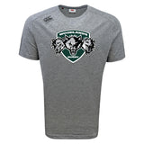 The Woodlands Youth Wolfpack Tempo Vapodri T-Shirt by WRS Canterbury is a gray short-sleeve sports tee with a "Woodlands Rugby" three-wolf logo on the front, a small right shoulder brand logo, and moisture-wicking fabric for comfort.