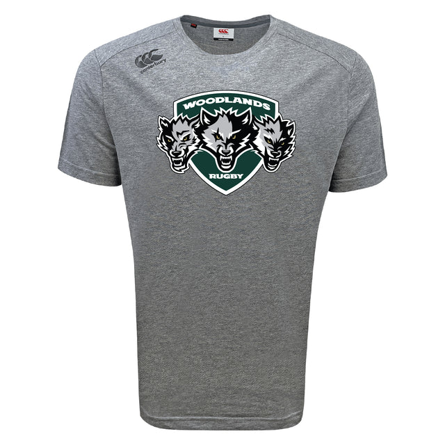 The Woodlands Youth Wolfpack Tempo Vapodri T-Shirt by WRS Canterbury is a gray short-sleeve sports tee with a "Woodlands Rugby" three-wolf logo on the front, a small right shoulder brand logo, and moisture-wicking fabric for comfort.