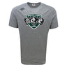 The Woodlands Youth Wolfpack Tempo Vapodri T-Shirt by WRS Canterbury is a gray short-sleeve sports tee with a "Woodlands Rugby" three-wolf logo on the front, a small right shoulder brand logo, and moisture-wicking fabric for comfort.