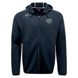 The Woodlands Youth Wolfpack Tempo Vapodri Full-Zip Hoodie by EMB Canterbury is a black, moisture-wicking hoodie with a hood, drawstrings, and two chest logos, shown on a plain white background.