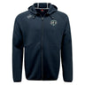 The Woodlands Youth Wolfpack Tempo Vapodri Full-Zip Hoodie by EMB Canterbury is a black, moisture-wicking hoodie with a hood, drawstrings, and two chest logos, shown on a plain white background.