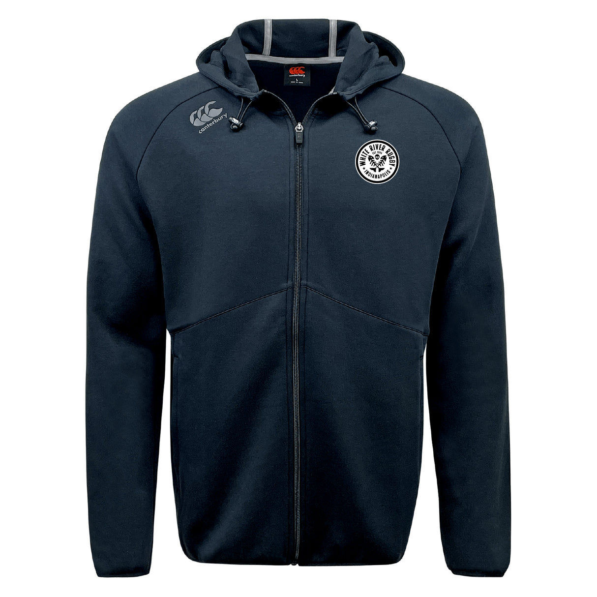 The White River Rugby Football Club Tempo Vapodri Full-Zip Hoodie by EMB Canterbury features a hood, two front pockets, two chest logos, and moisture-wicking fabric for comfort and performance.