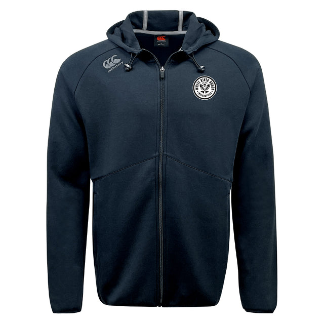 The White River Rugby Football Club Tempo Vapodri Full-Zip Hoodie by EMB Canterbury features a hood, two front pockets, two chest logos, and moisture-wicking fabric for comfort and performance.