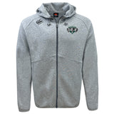 The Woodlands Youth Wolfpack Tempo Vapodri Full-Zip Hoodie by EMB Canterbury features a light gray design with a black and green animal logo on the left chest, a small manufacturer logo on the right, and moisture-wicking comfort for active wear.