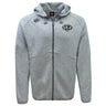The Woodlands Youth Wolfpack Tempo Vapodri Full-Zip Hoodie by EMB Canterbury features a light gray design with a black and green animal logo on the left chest, a small manufacturer logo on the right, and moisture-wicking comfort for active wear.