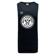 The White River Rugby Football Club Tempo Vapodri Singlet by WRS Canterbury is a black sleeveless athletic shirt made with recycled polyester, featuring the club and Canterbury logos on the front.