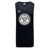 The White River Rugby Football Club Tempo Vapodri Singlet by WRS Canterbury is a black sleeveless athletic shirt made with recycled polyester, featuring the club and Canterbury logos on the front.