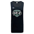 The Woodlands Youth Wolfpack Tempo Vapodri Singlet by WRS Canterbury is a black sports jersey featuring the Canterbury logo and a "Woodlands Rugby" three-wolf emblem, made with VapoDri tech for advanced moisture management.
