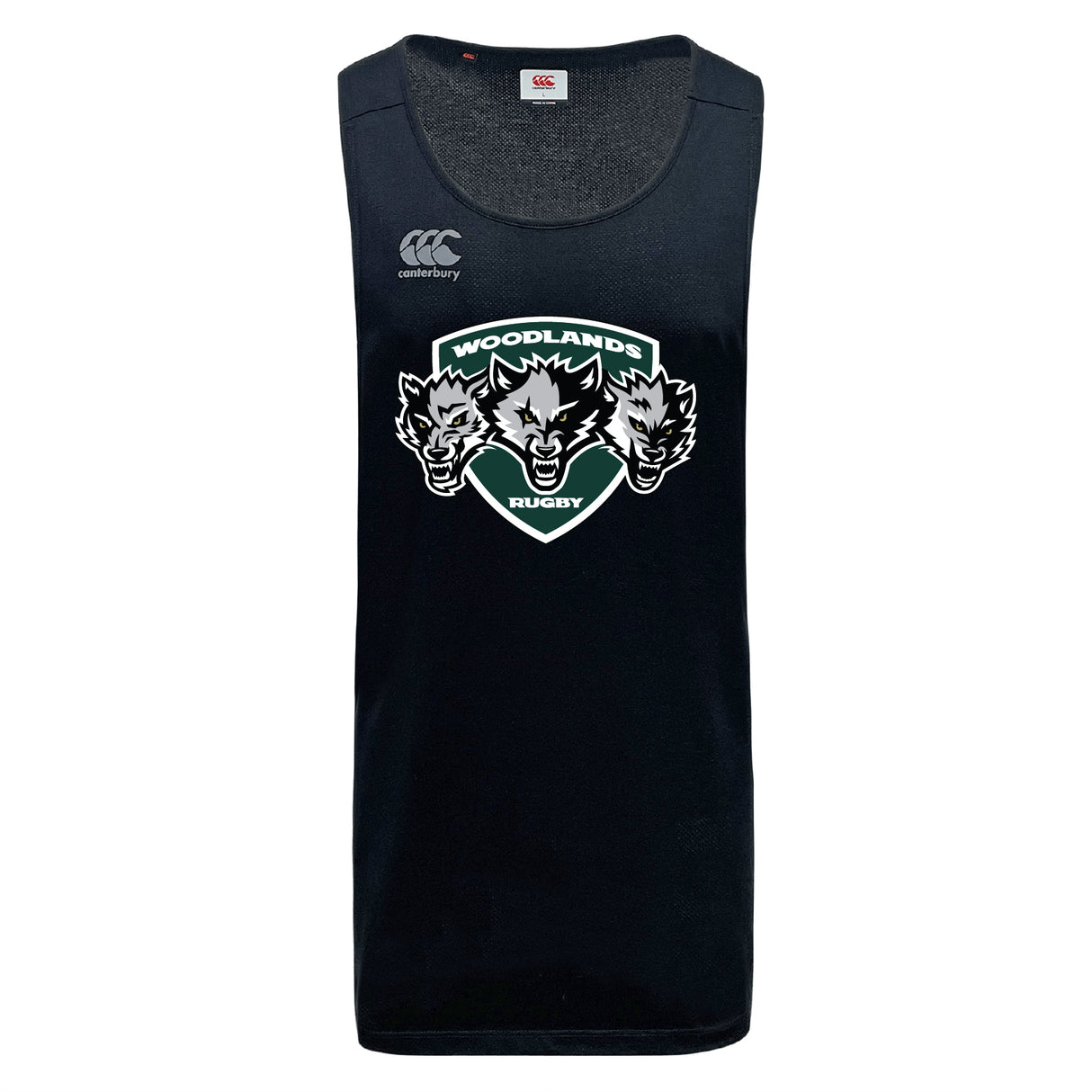 The Woodlands Youth Wolfpack Tempo Vapodri Singlet by WRS Canterbury is a black sports jersey featuring the Canterbury logo and a "Woodlands Rugby" three-wolf emblem, made with VapoDri tech for advanced moisture management.