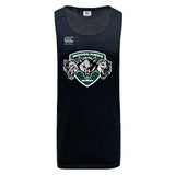 The Woodlands Youth Wolfpack Tempo Vapodri Singlet by WRS Canterbury is a black sports jersey featuring the Canterbury logo and a "Woodlands Rugby" three-wolf emblem, made with VapoDri tech for advanced moisture management.