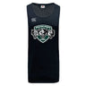 The Woodlands Youth Wolfpack Tempo Vapodri Singlet by WRS Canterbury is a black sports jersey featuring the Canterbury logo and a "Woodlands Rugby" three-wolf emblem, made with VapoDri tech for advanced moisture management.