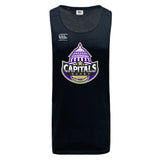 The Capitals Rugby NC Tempo Vapodri Singlet by WRS Canterbury is a black, quick-drying rugby tank top with the Canterbury logo and a Capitals Rugby crest featuring a stylized capitol dome and rugby ball on the front.