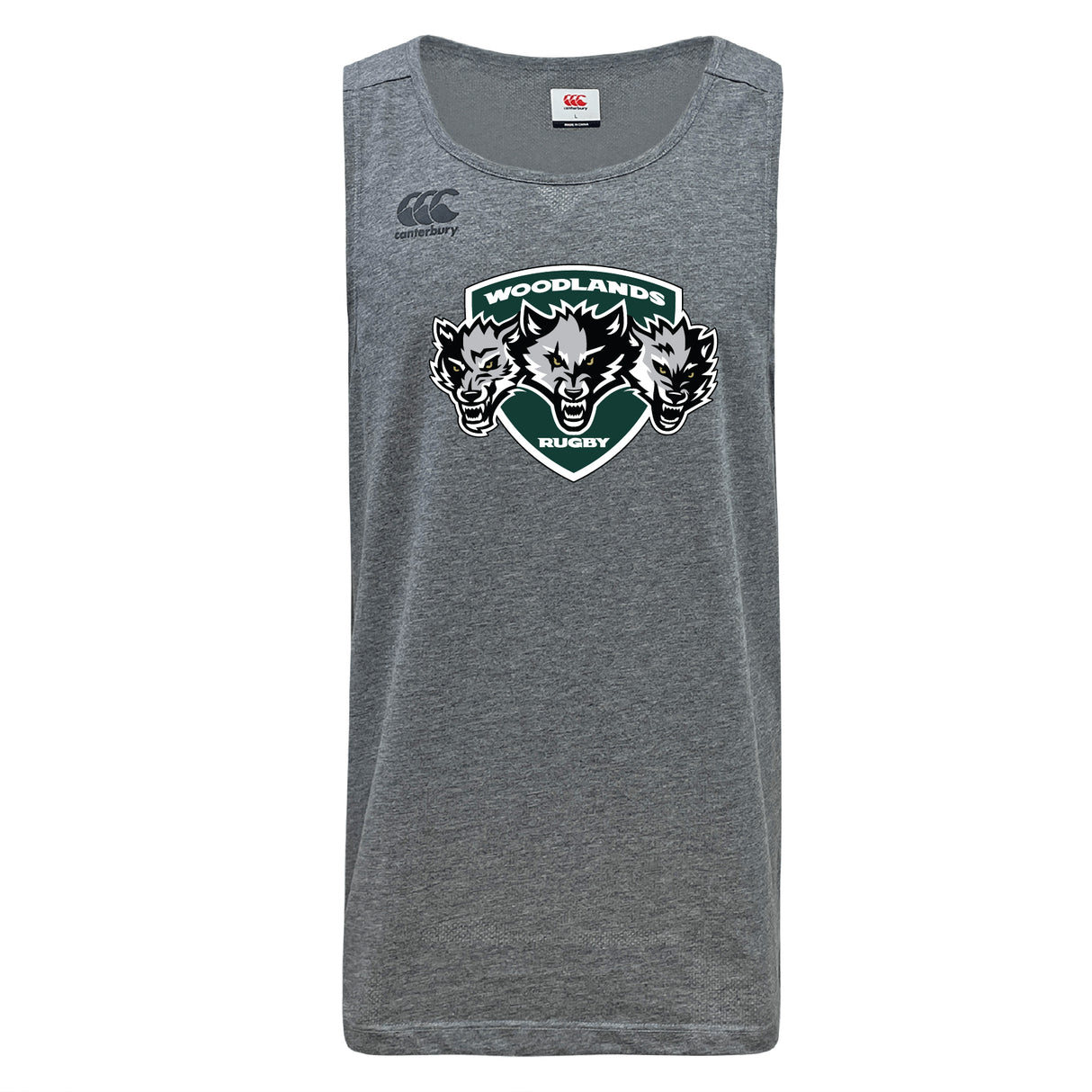 The Woodlands Youth Wolfpack Tempo Vapodri Singlet by WRS Canterbury is a grey, sleeveless rugby tank with the team's three-wolf-head logo, made from recycled polyester and featuring Vapodri technology for comfort.