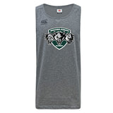 The Woodlands Youth Wolfpack Tempo Vapodri Singlet by WRS Canterbury is a grey, sleeveless rugby tank with the team's three-wolf-head logo, made from recycled polyester and featuring Vapodri technology for comfort.