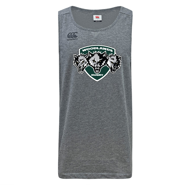 The Woodlands Youth Wolfpack Tempo Vapodri Singlet by WRS Canterbury is a grey, sleeveless rugby tank with the team's three-wolf-head logo, made from recycled polyester and featuring Vapodri technology for comfort.