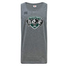 The Woodlands Youth Wolfpack Tempo Vapodri Singlet by WRS Canterbury is a grey, sleeveless rugby tank with the team's three-wolf-head logo, made from recycled polyester and featuring Vapodri technology for comfort.