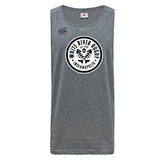The WRS Canterbury White River Rugby Football Club Tempo Vapodri Singlet is a gray, sleeveless top made from recycled polyester with VapoDri tech, featuring a circular "White River Rugby Indianapolis" front logo and Canterbury branding on the chest.