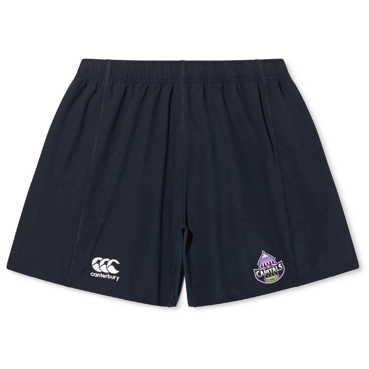 The Capitals Rugby NC Yokohama Short by EMB Canterbury features an elastic waistband, lightweight durable fabric, and displays the Canterbury logo on the left leg and Canberra Capitals logo on the right for lasting comfort and style.