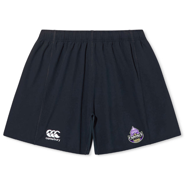 The Capitals Rugby NC Yokohama Short by EMB Canterbury features an elastic waistband, lightweight durable fabric, and displays the Canterbury logo on the left leg and Canberra Capitals logo on the right for lasting comfort and style.