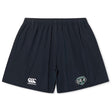 The Woodlands Youth Wolfpack Yokohama Short by EMB Canterbury is a pair of black rugby shorts with a white Canterbury logo on the left leg, a green emblem on the right leg, and made from lightweight, durable fabric.