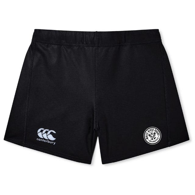The EMB Canterbury White River Rugby Football Club Women's Yokohama Short features a small logo on the lower left leg and a circular white badge with text and graphic on the lower right, inspired by the classic Yokohama design.