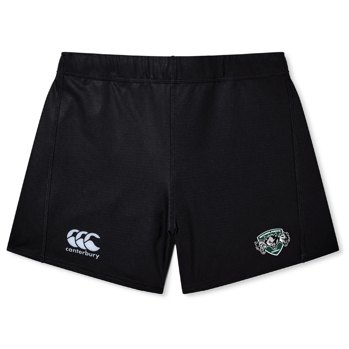 The Woodlands Youth Wolfpack Women's Yokohama Short by EMB Canterbury features a green and white team crest on the right leg, perfect for fans or players seeking stylish women's rugby shorts.