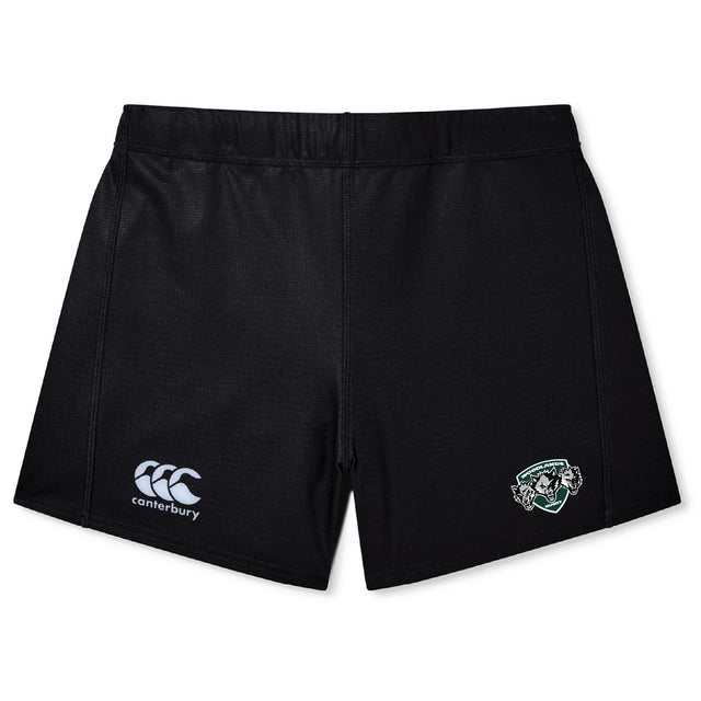 The Woodlands Youth Wolfpack Women's Yokohama Short by EMB Canterbury features a green and white team crest on the right leg, perfect for fans or players seeking stylish women's rugby shorts.