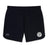 The EMB Canterbury White River Rugby Football Club Women's Elite Woven Short is a pair of black gym shorts with zippered pockets, a white circular logo on the left leg, and a grey logo on the right leg.