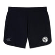 The EMB Canterbury White River Rugby Football Club Women's Elite Woven Short is a pair of black gym shorts with zippered pockets, a white circular logo on the left leg, and a grey logo on the right leg.