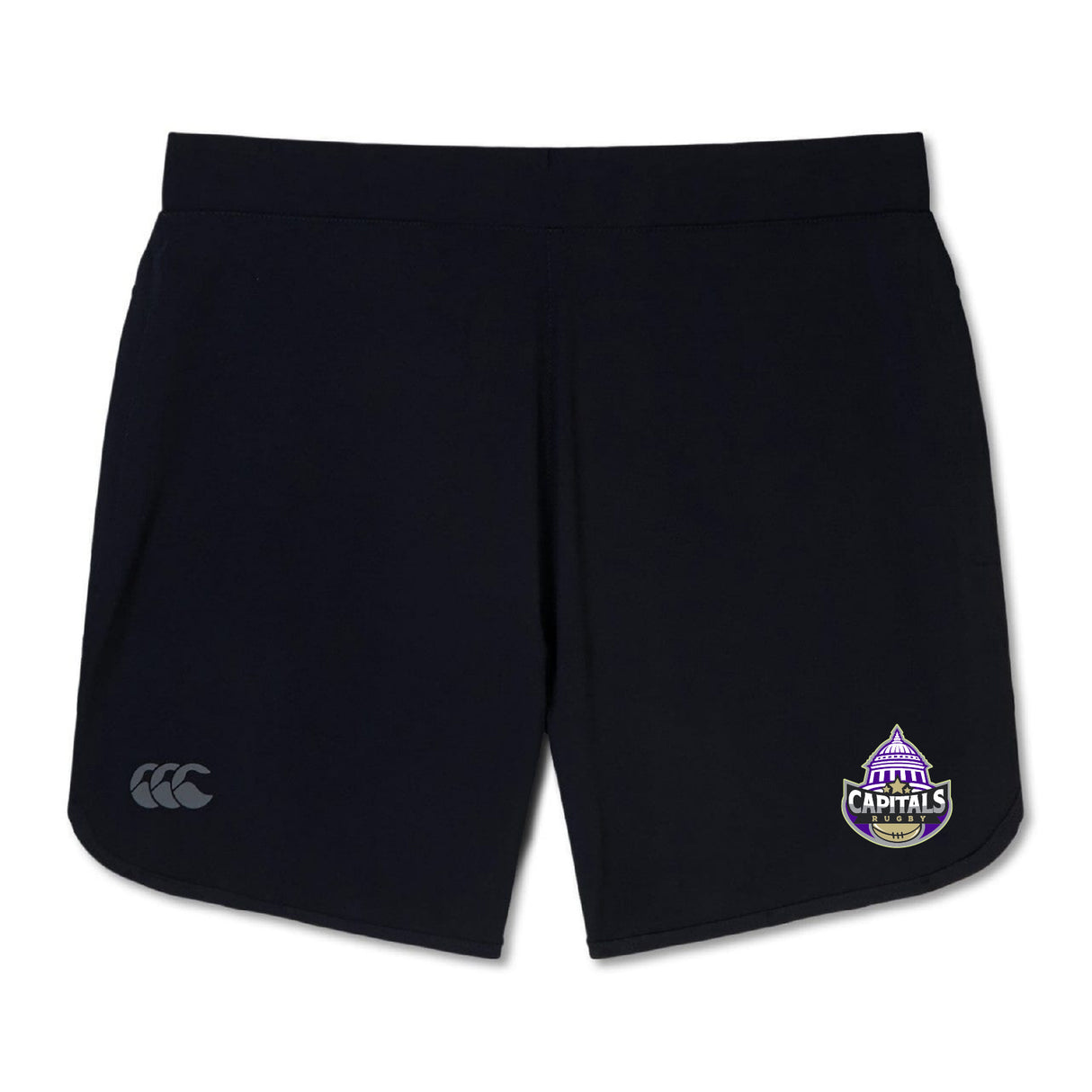 The Capitals Rugby NC Women's Elite Woven Short by EMB Canterbury features zippered pockets, a white Canterbury logo on the left leg, and a Washington Capitals Rugby team logo on the right leg.