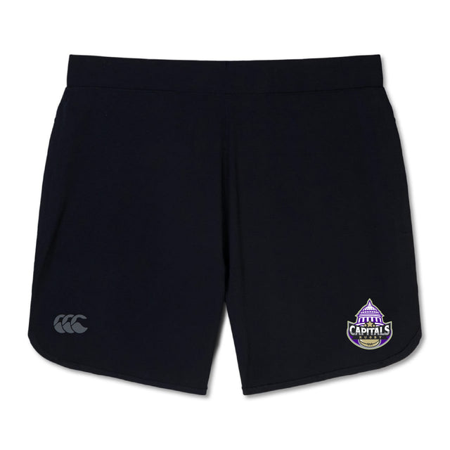 The Capitals Rugby NC Women's Elite Woven Short by EMB Canterbury features zippered pockets, a white Canterbury logo on the left leg, and a Washington Capitals Rugby team logo on the right leg.