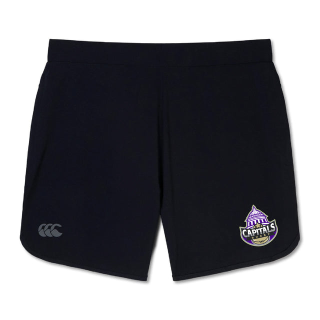 The Capitals Rugby NC Elite Woven Short by EMB Canterbury features the Washington DC Capitals logo, Canterbury branding, and zippered pockets for secure storage.