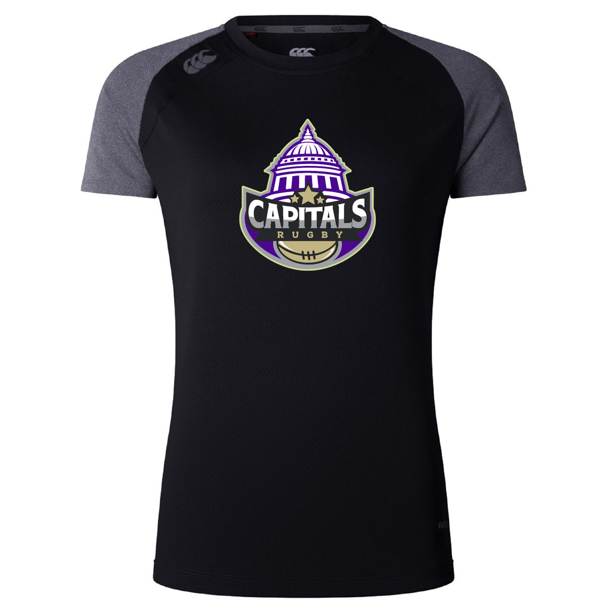 The Capitals Rugby NC Women's Elite Training Tee by WRS Canterbury is a black and gray short-sleeve jersey with a team logo featuring a capitol building and rugby ball, crafted from lightweight fabric for elite women's training.