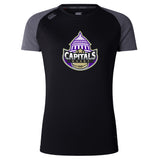 The Capitals Rugby NC Women's Elite Training Tee by WRS Canterbury is a black and gray short-sleeve jersey with a team logo featuring a capitol building and rugby ball, crafted from lightweight fabric for elite women's training.