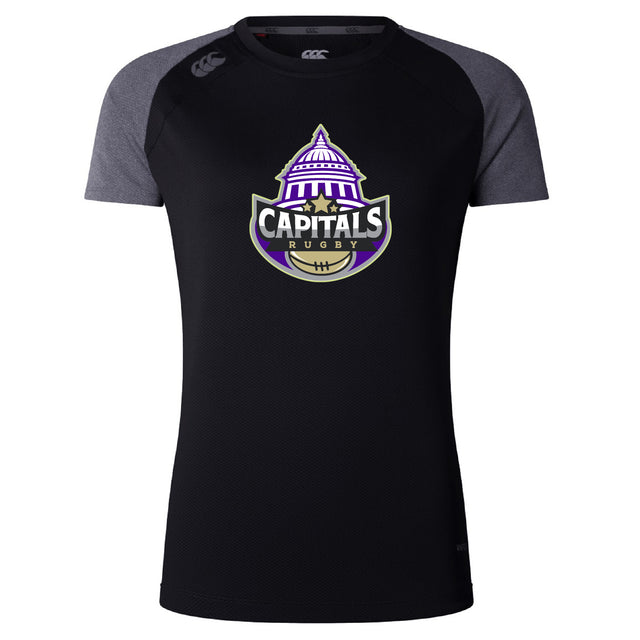 The Capitals Rugby NC Women's Elite Training Tee by WRS Canterbury is a black and gray short-sleeve jersey with a team logo featuring a capitol building and rugby ball, crafted from lightweight fabric for elite women's training.