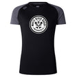 The White River Rugby Football Club Women's Elite Training Tee by WRS Canterbury is a black and gray short-sleeve, lightweight top with a circular "White River Rugby Indianapolis" logo—ideal for elite performance workouts.